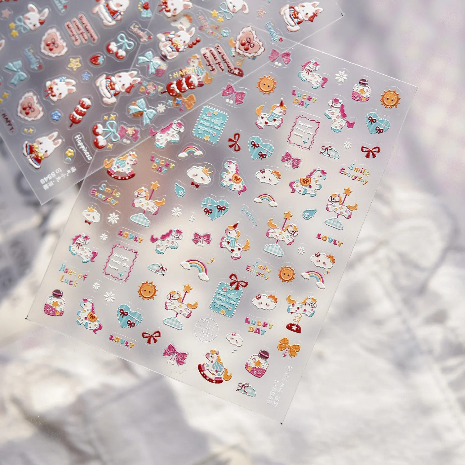 5D 양각 네일 스티커 귀여운 무지개 흰 말 토끼 개 Bowknot 네일 아트 스티커 3D 장식 데칼 DIY 매니큐어 스티커