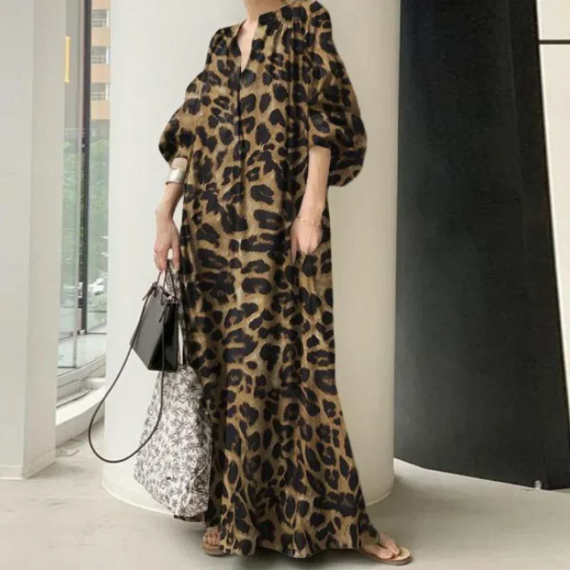 

TPJB Fashion Printed Maxi Dress Women's Leopard Sundress Spring Puff Sleeve Long Vestidos Female V Neck Robe Oversize