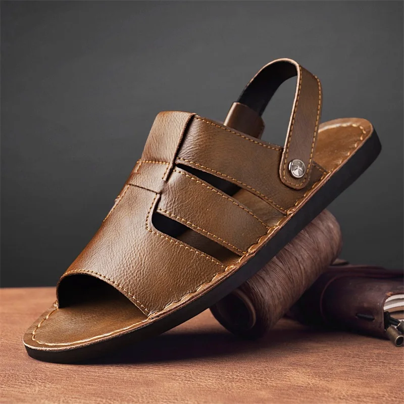 2026 New Fashion Casual Leather Men's Sandals Summer Hollow Out Slip On Sandals Classic Breathable Beach Shoes Outdoor Sandals 4