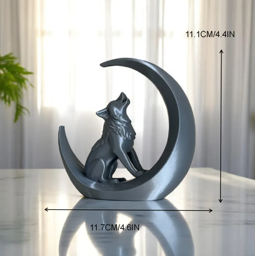 3D Printed Wolf and Moon High Aesthetic Creative Desk Decor Office Tabletop Mini Sculpture Modern Home Desktop Ornament Gift