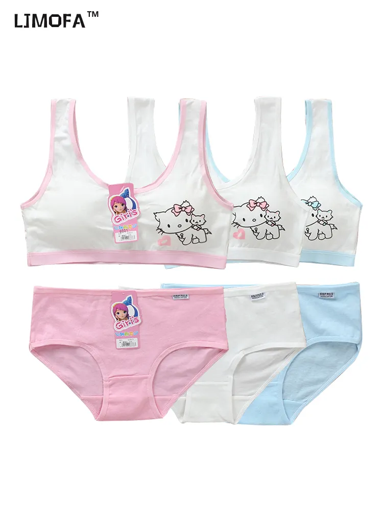 LJMOFA Girls Cute Underwear Set Kids Cotton Sports Training Bra Solid Color  Letters Printed Neckline Teenage Briefs Panties B219