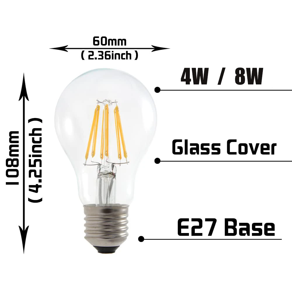 E27 A19 Led 필라멘트 전구 투명 유리 에디슨 4W 8W A60 자연 흰색 4500K 전구 실내 홈 거실 테이블 220V