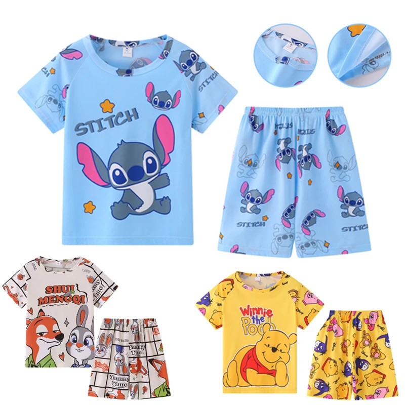 Disney Lilo & Stitch Summer Children's Cartoon Clothing Sets Short Sleeve Sleepwear Baby Boys Girls Pajamas Set