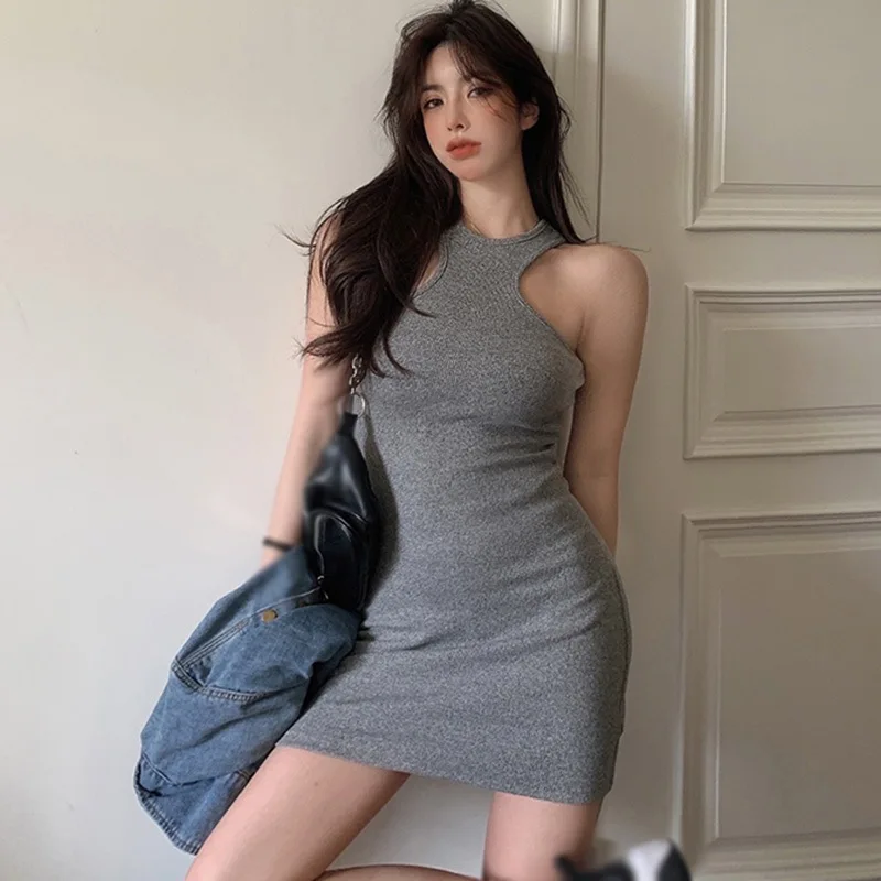 

Summer Women's Halter Dress Solid Color O-Neck Sleeveless Tank Dress Casual Hip Wrap Tight-fitting Hot Girl Streetwear