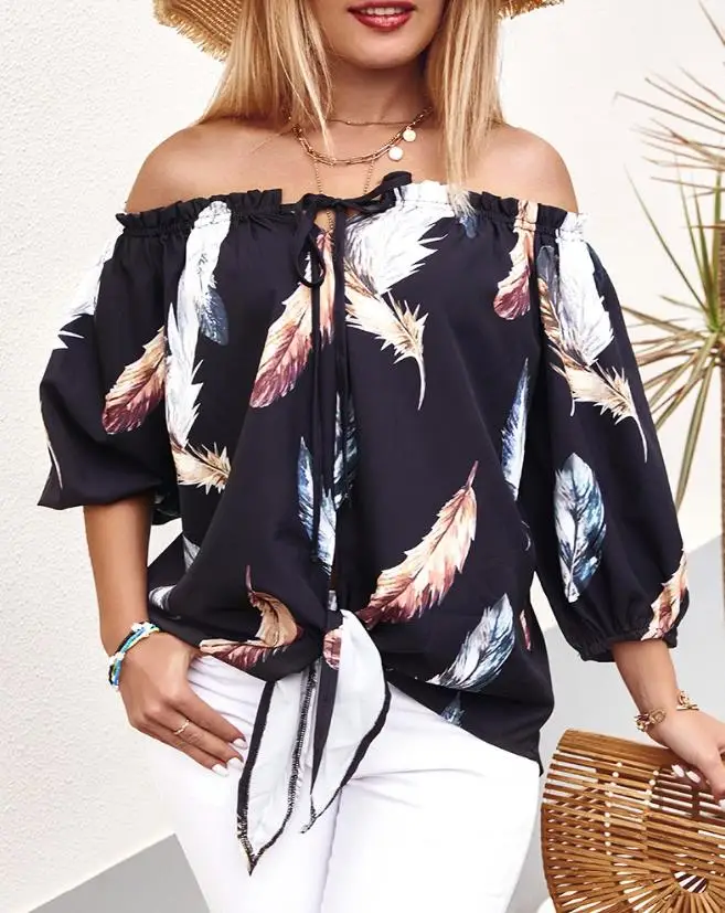 

Fashion Top Women Blouses Shirt 2023 Clothing Feather Print Tied Detail Off Shoulder Top Vacation T-Shirts Pullover Tops