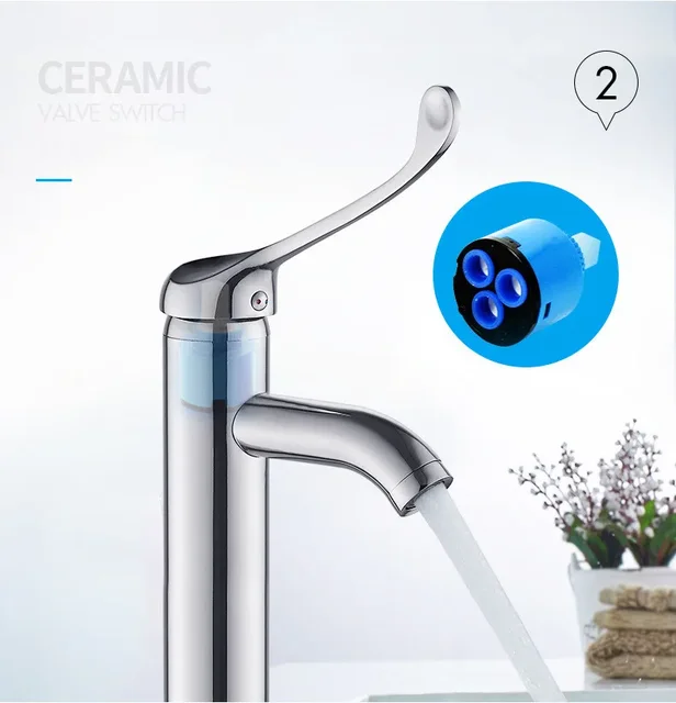 ก๊อกน้ำอ่างล้างหน้าแบบก้านโยกเดี่ยว โครเมียมทองเหลือง ยาวพิเศษ สำหรับโรงพยาบาลและโรงเรียน 1