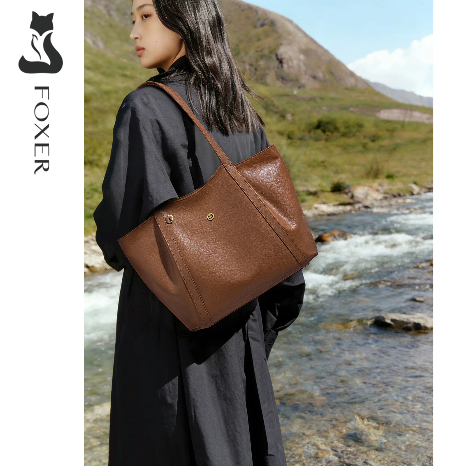 FOXER 2026 Fashion Tote Bag Women's Shoulder Bag Genuine Leather Lightweight Lady Handbag for Work, Shopping, and Everyday Use