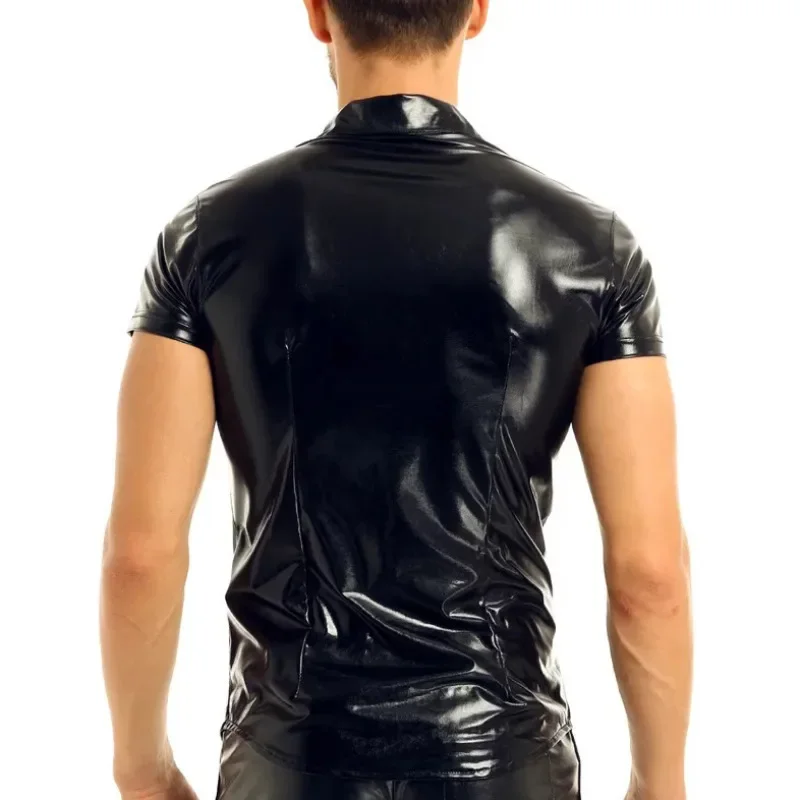 Black Metallic Faux Leather T Shirt Men Hipster PVC Leather Shirt Sexy Turn Down Collar Short Sleeve Button Up Tshirt Streetwear