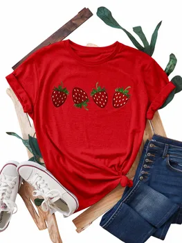 Women's Casual Short Sleeve with Red Strawberry Print Round Neck Breathable Cute T Shirts Harajuku Short Sleeve Casual 1