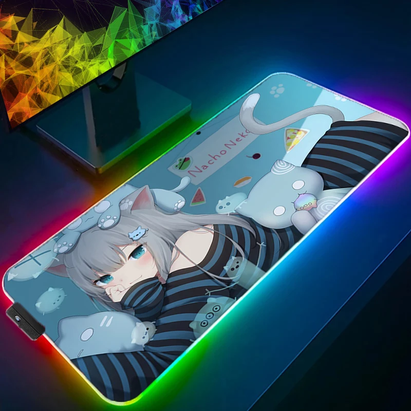 Anime Girl RGB Large Mousepad Laptop Nekoha Shizuku Kawaii Office Table Mat Computer LED Gaming Luminous Non-slip Mouse Pad Rug anime girl rgb mousepad sword art online gun gale laptop office kawaii mouse pad keyboard game led luminous table mat mousemat