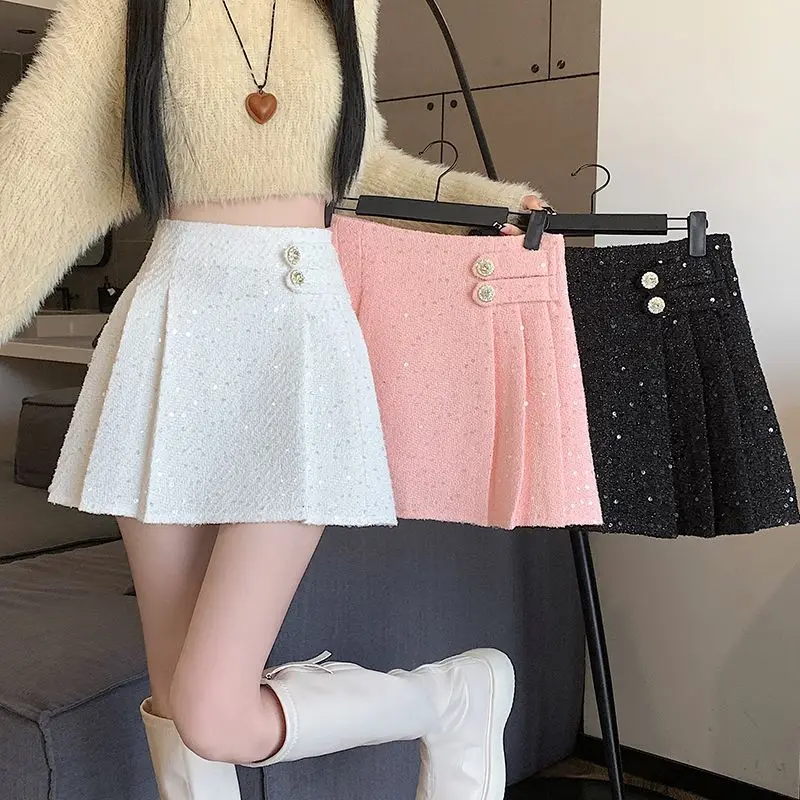 Women Tweed Skirts Women Pencil Bodycon High Waist Skirts Vintage  Autumn Winter Slim Korean Elegant Short Mini pleated Skirt