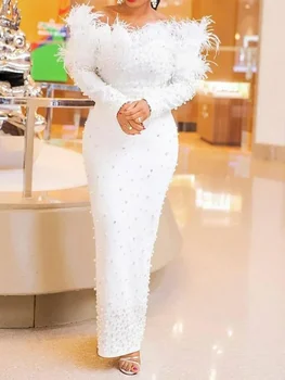 Feather White Dress Party Women Pearls Long Night Dresses High Waist Dance Wedding Prom Bridesmaid Maxi Y2k Summer Vestidos 1
