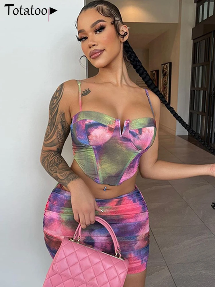 

Женский комплект из двух предметов Totatoop, винтажный комплект из двух предметов: укороченный топ на бретельках с принтом тай-дай и облегающая юбка, лето 2023