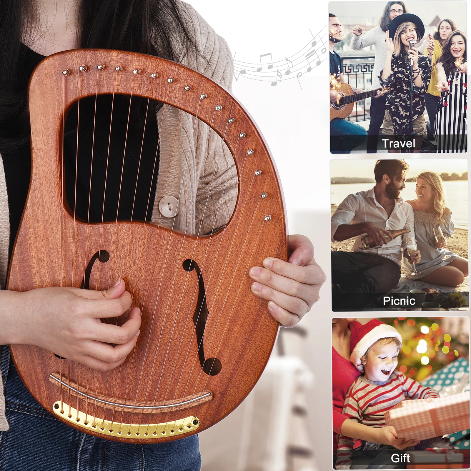 WH-16 C Tone16-String Wooden Lyre Harp Metal Strings Solid Wood String Instrument with Carry Bag Tuning Wrench Cleaning Spare