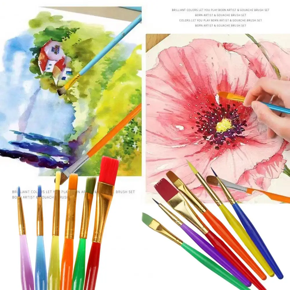

6Pcs Paint Brush Plastic Handle Grip DIY Round Pointed Tip Watercolor Painting Graffiti Brush Stationery School Supply