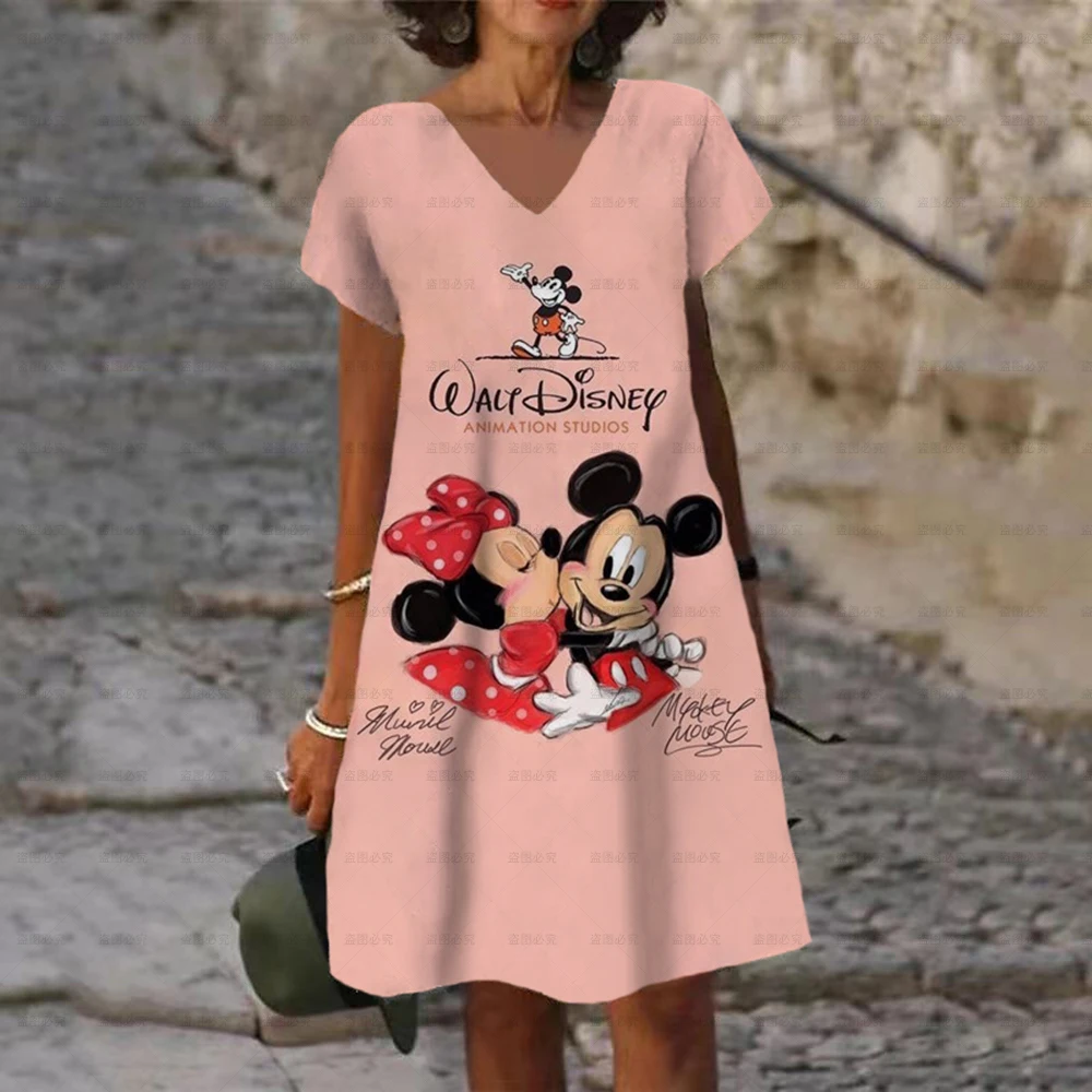 

Summer Disney Mickey and Minnie Sexy Beach Dress 3D Printed Women's V Neck Short Sleeve Dress Hawaiian Boho Vintage Beachwear