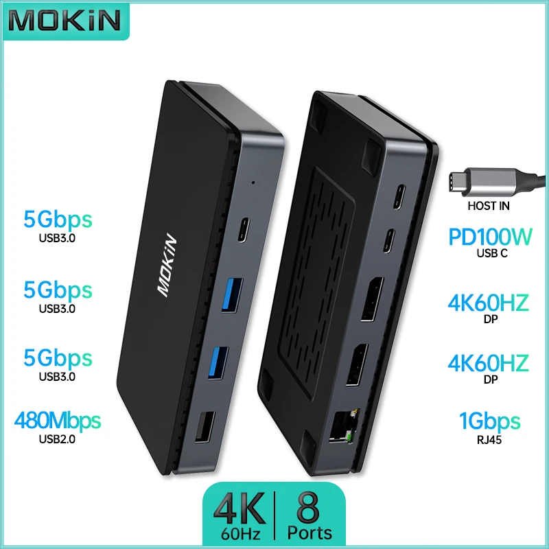 

Док-станция MOKiN 8 в 1: USB3.0, Type-C 3.0, DP 4K60 Гц, PD 100 Вт, RJ45 1 Гбит/с для MacBook Air/Pro, iPad, ноутбука Thunderbolt
