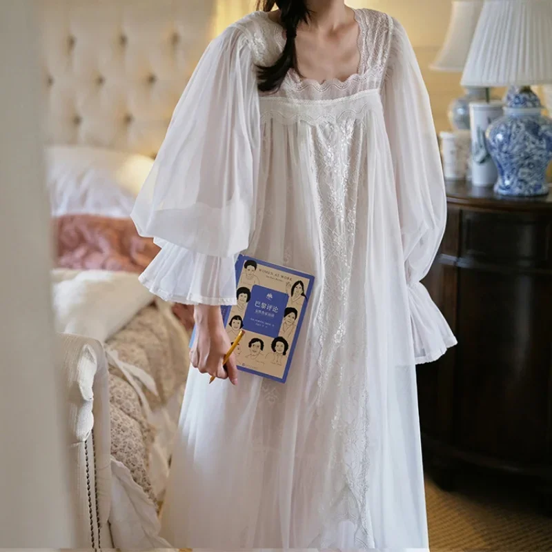 French Fairy Two-Pieces Lace Nightgowns Sexy Spaghetti Strap Nightie Victoria Square Collar Full Sleeves Long Nightdress New