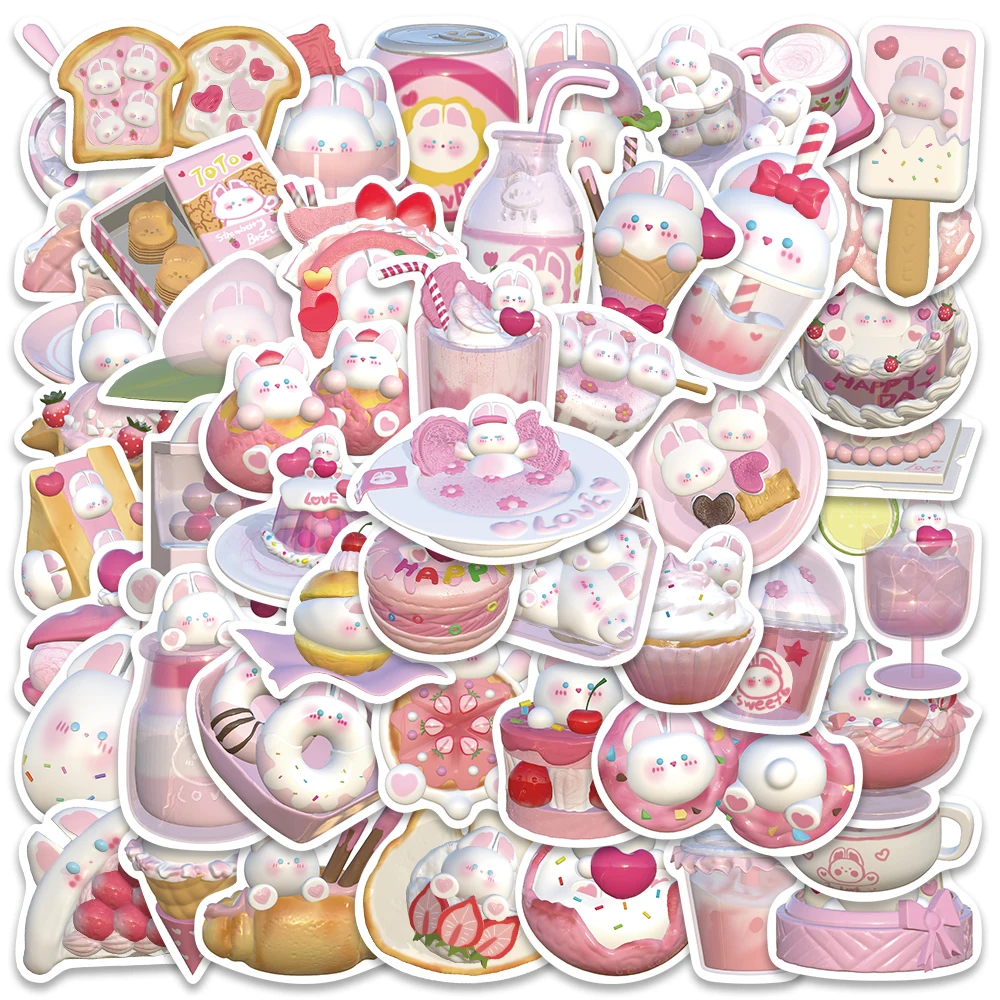 

50pcs Cute Cartoon 3D Dessert Rabbit Stickers Vinyl Laptop Decals Luggage Guitar Phone Bicycle Waterproof Graffiti Kids Toy