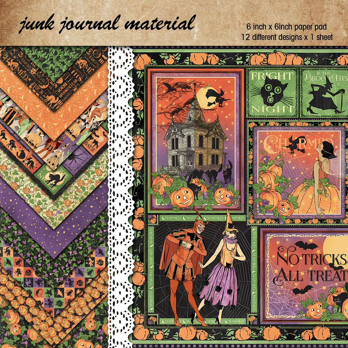 12Sheets Large Size Retro Charming Halloween Scrapbook Paper for Journaling DIY Arts Crafts