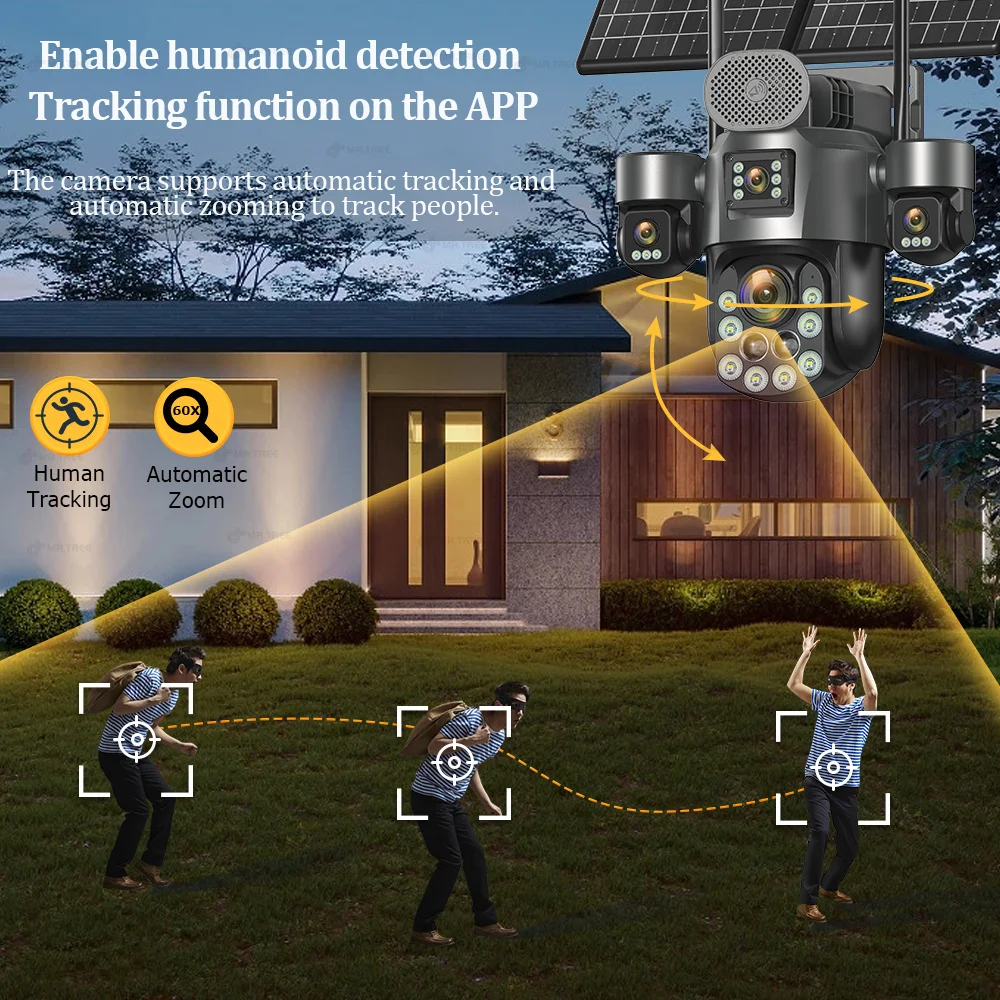 4G SIM/eSIM Solar PTZ Security Camera 4 Screen AOV 24 Hour Record 31200mah Outdoor 60X Optical Zoom Auto Track Surveillance Cam 6