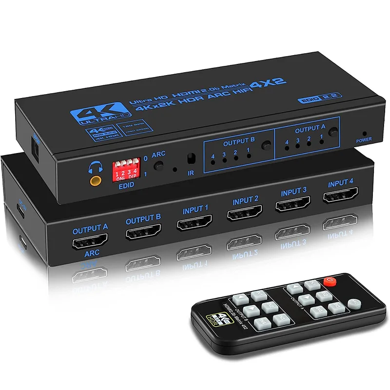 

4K 60Hz HDMI Matrix 4x2 with Optical & 3.5mm Stereo Audio Out HDMI Matrix Switcher Splitter 4 In 2 Out Support ARC HDCP 2.2 EDID