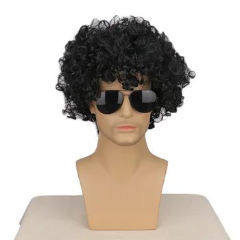 Parrucca Mullet Anni '70 Sintetica Nera Corta e Riccia da Uomo, Stile Rocker Disco con Occhiali, Parrucca Effetto Bagnato per Ragazzi, Parrucca Michael Jackson per Cosplay
