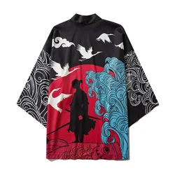 Black Kimono Cardigan Women Men Japanese Obi Male Yukata Men's Haori Japanese Wave Carp Print Coat Traditional Japan Clothing