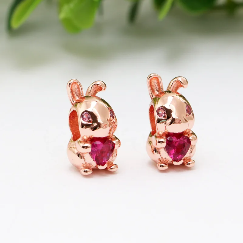 

New Original 925 Sterling Silver Bead Rose Gold Color Rabbit Charm Rose Red Fit Pandora Bracelet DIY Women Girl Jewelry Dropship