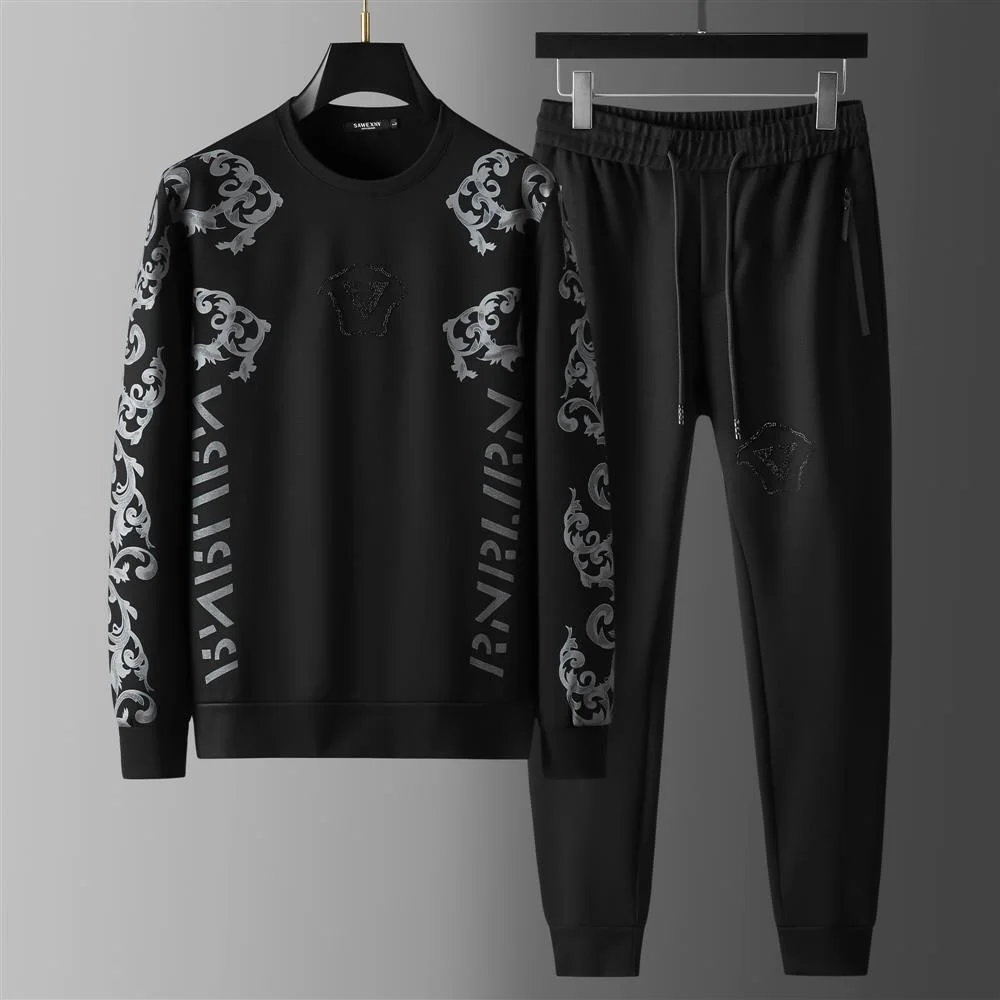 

Luxury brand Autumn New Men's Leisure Sports Suit Youth Korean Print Hot Diamond Sweater Two Piece Set