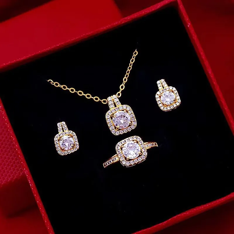 Fashion Square Zircon Necklace Earrings Ring For Women Luxury Wedding Engagement Jewelry Party Gifts