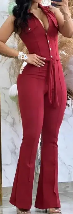 Jumpsuit Women 2023 Summer Fashion Turn Down Collar Sleeveless Sexy Plain Tied Detail Skinny Long Flared Jumpsuit Y2K Streetwear
