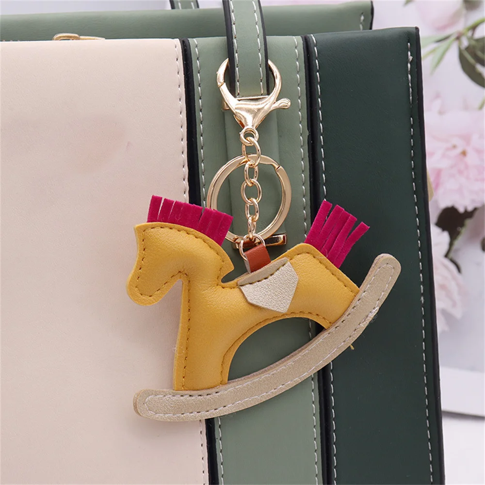 Elegant Leather Rocking Horse Keychain - Classic Cartoon Pony Charm