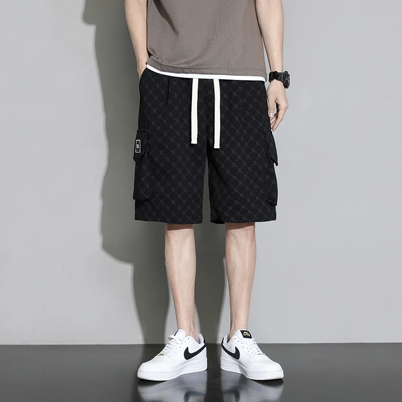 Stylish Korean Letter Printed Casual Shorts Pockets Men's Clothing Commute Loose Straight Summer Elastic Drawstring Knee Pants