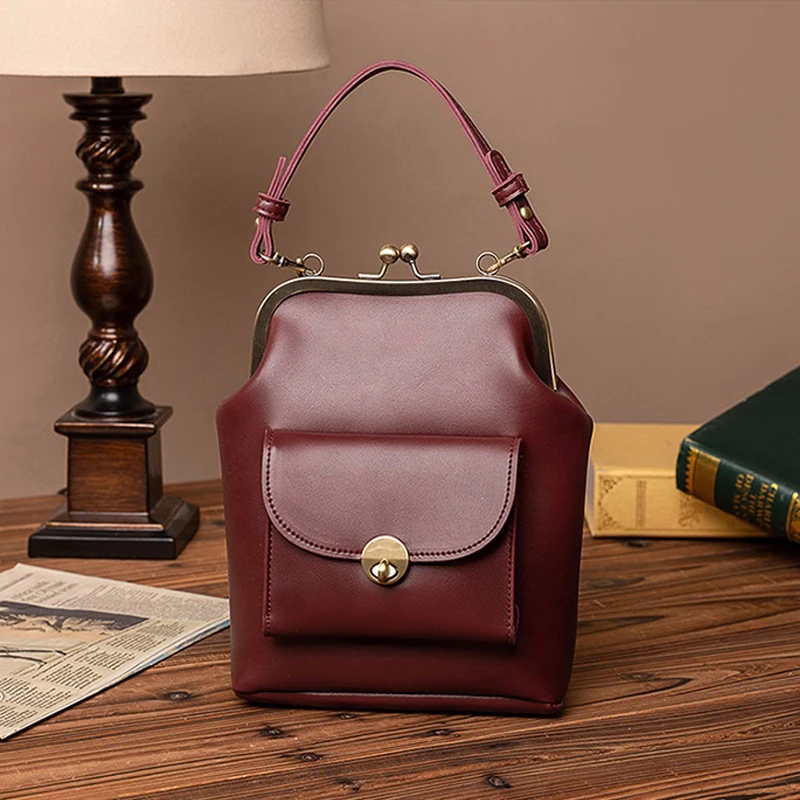 MJ 여성용 레트로 키스 잠금 숄더백, PU 가죽 브랜드 디자인, 여성용 빈티지 가죽 메신저 백, 여성용 클립 백