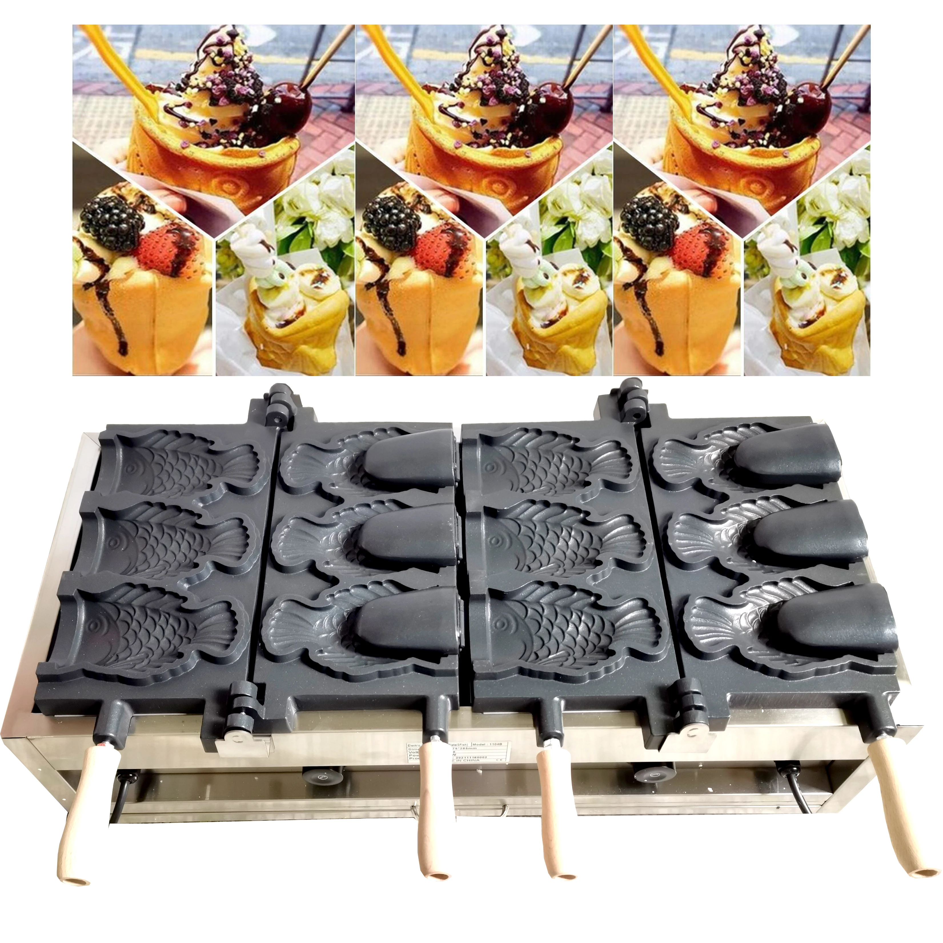 

Eelctric 220v 110v 6 pcs Big fish ice cream taiyaki maker Fish Cone waffle making machine Taiyaki Mold