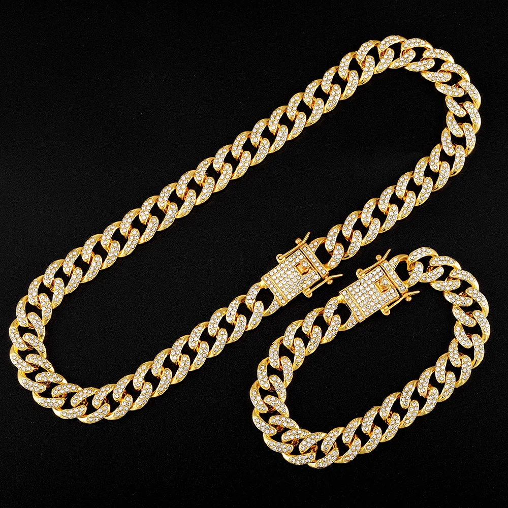 13mm Necklace +Watch+Bracelet Hip Hop Miami Cuban Chain Iced Out Paved Rhinestone CZ Bling Rapper For Men Jewelry KIT Jewelry 5