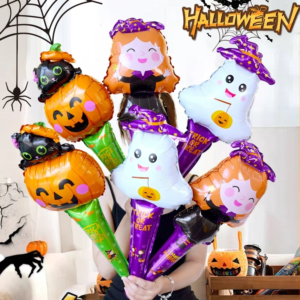 6/12/24Pcs Halloween Balloon Stick Hair Hoop Witch Pumpkin Cat Ghost Balloons Sticks Halloween Theme Party Decoration Kids Toys