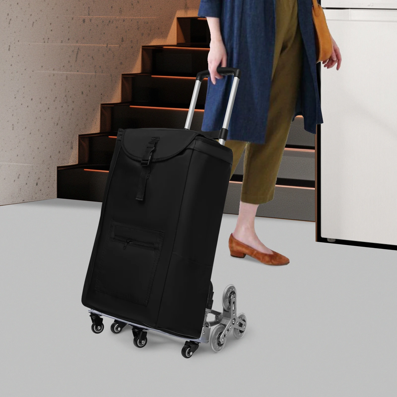 4 Small Wheels Black Folding Trolley Aluminum Alloy Wheel Frame With Cloth Bag Crystal Wheels To Carry Goods Deliveries