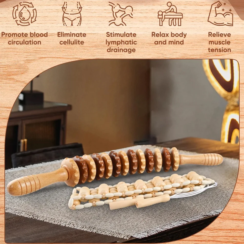 2PCS Wood Therapy Massage Tools,Wooden Massage Roller Stick,Back Massager Roller Rope,Maderoterapia Kit Colombiana for Lymphatic