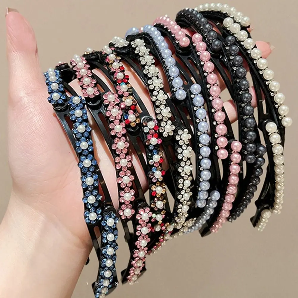 Portable Foldable Rhinestone Headband Flower Extendable Pearl Hair Band Women Hair Hoop Thin Travel