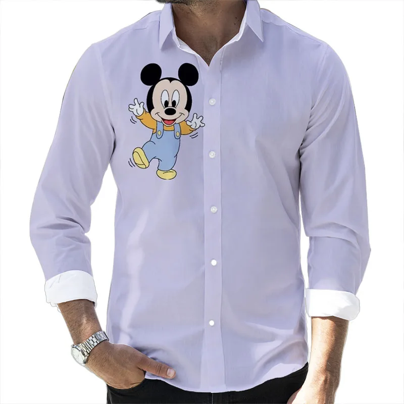 

New Fall 2022 Disney Cartoon Casual 3D Printed Long Sleeve Lapel Slim Fit Mickey and Winnie the Pooh Brand Men's Top
