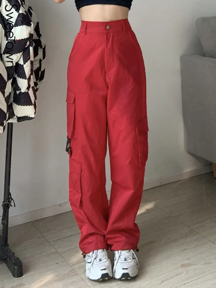 

Sweetown Red Woven Streetwear Straight Leg Cargo Pants Korean Fashion High Waist Womens Baggy Trousers Casual Pockets Techpants