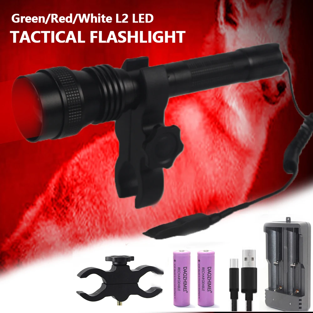 Tactical Green/Red/White L2 LED Flashlight 1 Modes Hunting Zoom Torch LED Beam Predator Torch Power by 2*18650 Battery