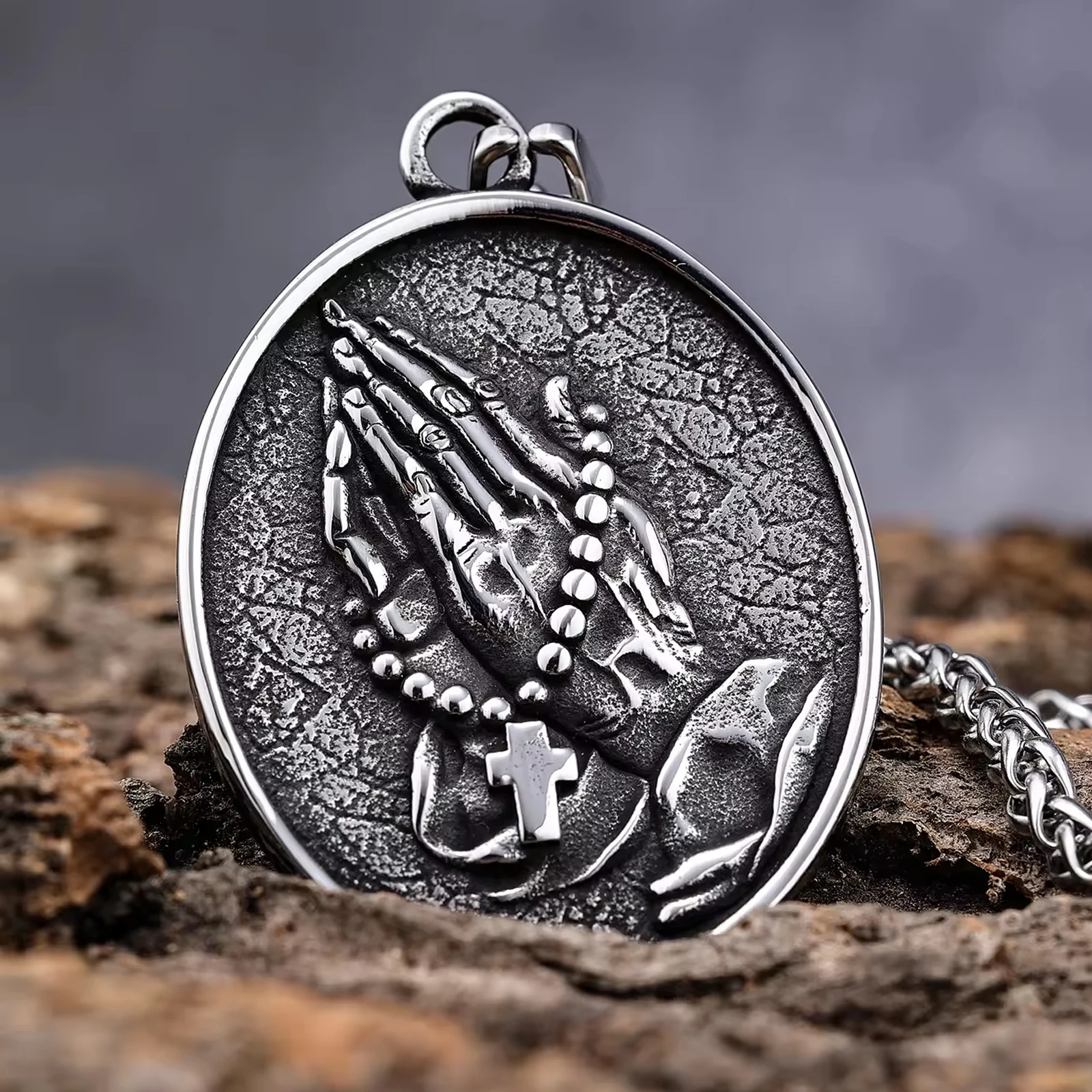 Men's Vintage Necklace, Rosary Beads Praying Hands Crucifix Cross Stainless Steel Jewelry, Sweater Chain