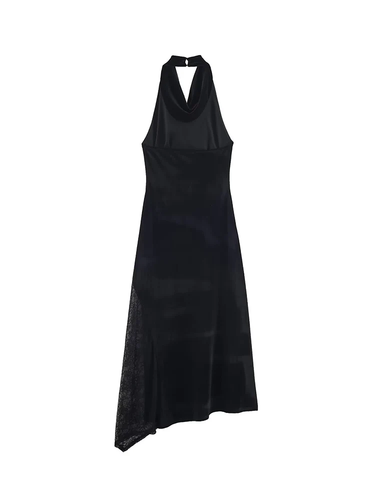 Spring New Woman Party Sexy Backless Dress Sleeveless Lace Decoration Solid Color Halter Collar Female Elegant Midi Dress