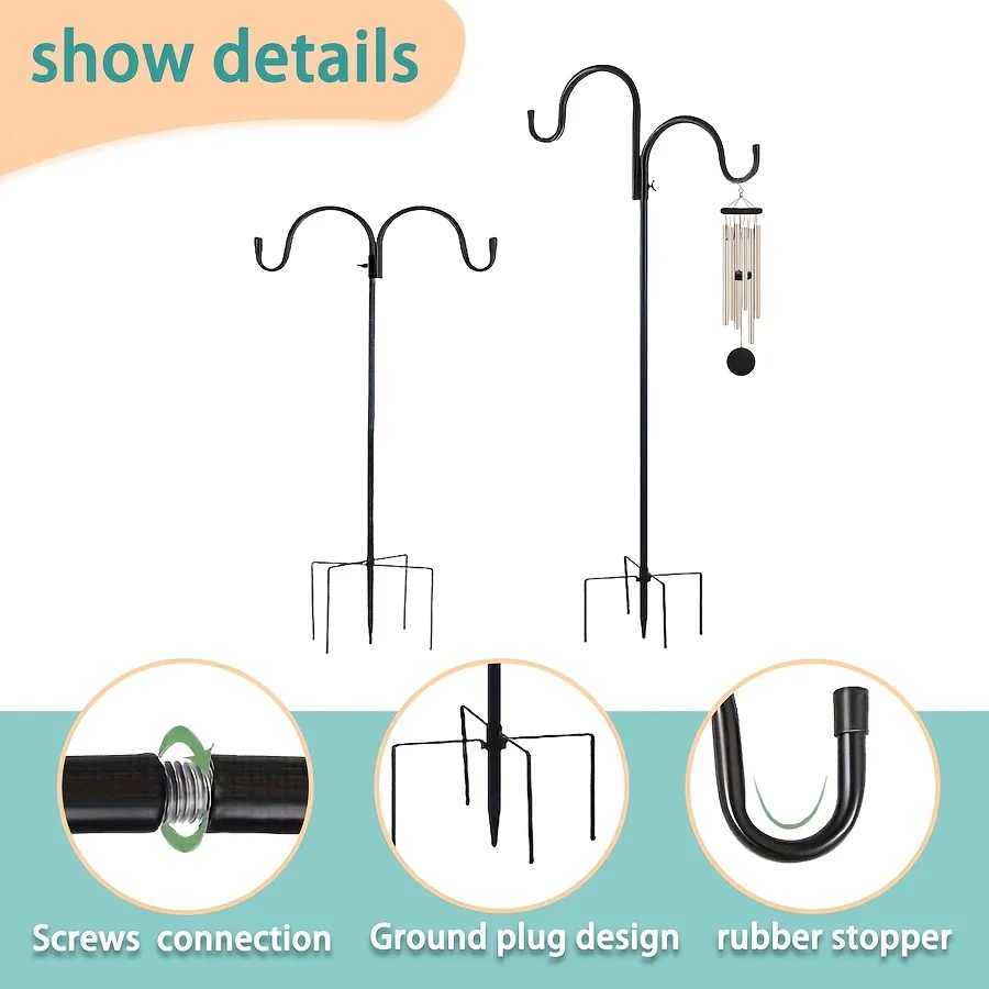 [Heavy Duty] Heavy Duty Garden Shepherd Hook 5-Prong Base Adjustable Bird Feeder Pole, Solar Light & Plant Hanger