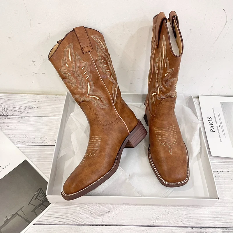 

New Brown Leather Western Cowboy Boots Women Square Toe Retro Mid-Calf Boots Thick High Heels Knight Boots Winter Botines Mujer