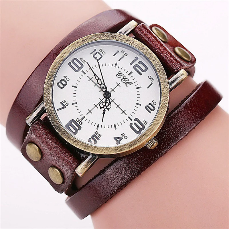 1pc Women's Watch Fashion Round Dial Retro Leather Strap Quartz Watch