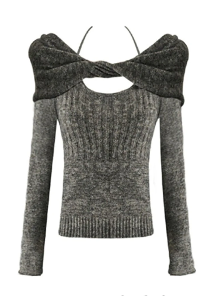 

Fall Woman Ballet Core Korean Slash Neck Cropped Sweater Design Long Sleeve Gyaru Crop Tops Solid Color Jerseys Y2k Streetwear